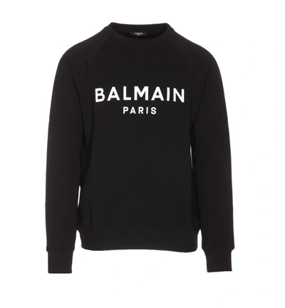 Balmain Logo Flocked Cotton Jersey Sweatshirt In Black