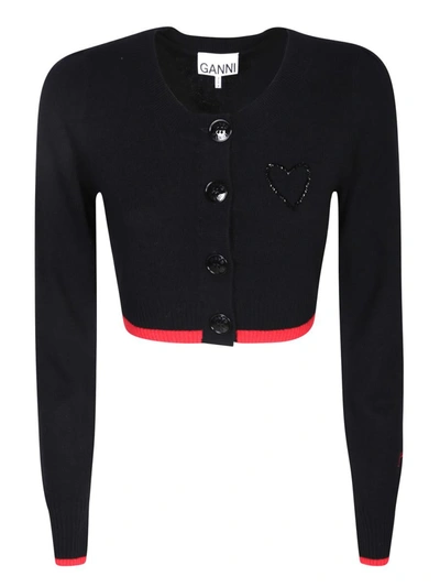 Ganni Long Sleeve O-neck Cropped Cardigan In Black