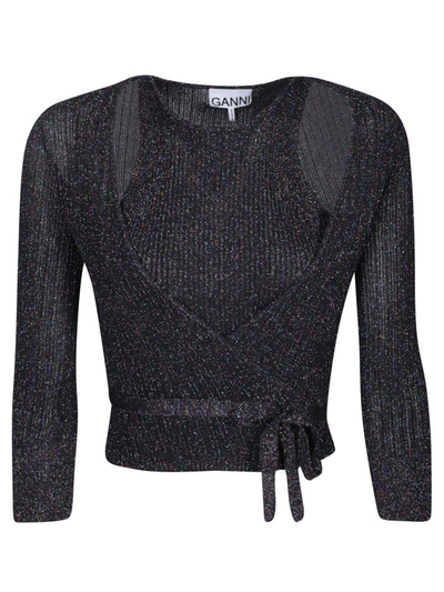 Ganni Sparkle Ribbed-knit Top In Black