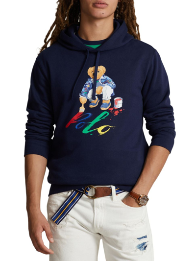 Polo Ralph Lauren Bear Printed Drawstring Hoodie In Blue