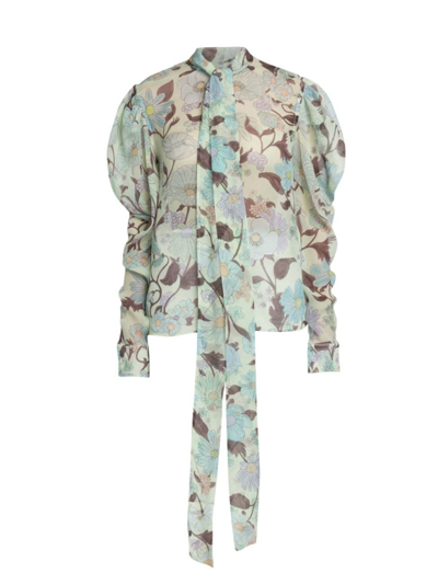 Stella Mccartney Lady Garden Print Silk Chiffon Pussybow Shirt In Mint Multicolour