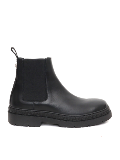 Versace Girl's Greca Calf Leather Chelsea Boots, Kids In Black-palladium