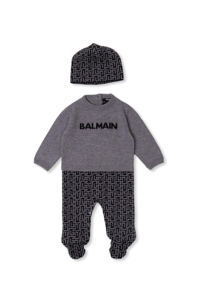 Balmain Kids' Logo-intarsia Knitted Babygrow Set In Black/grey