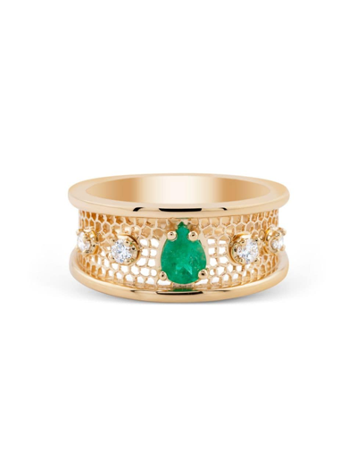 Rosmundo Women's Ricami 18k Yellow Gold, 0.15 Tcw Diamond & Emerald Ring