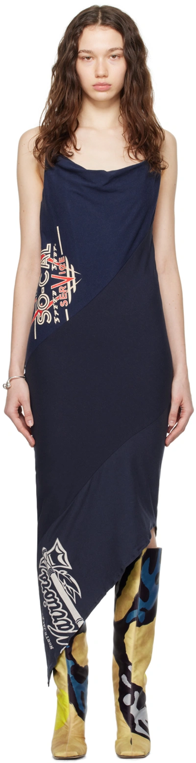 Conner Ives Navy Reconstituted Midi Dress In Multi Blue