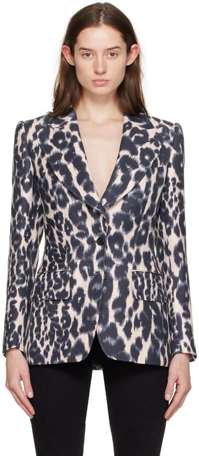 Tom Ford Leopard Print Sculpted Blazer Jacket In Chalk And Bl