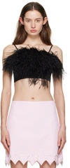 Sleeper Boheme Feather Trimmed Satin Top In Black