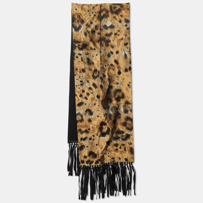 Pre-owned Valentino Gold & Black Silk Jacquard & Satin Two Faced Fringed Scarf