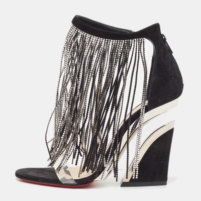 Pre-owned Christian Louboutin Black Suede Crystal Embellished Fringe Ankle Strap Sandals Size 36