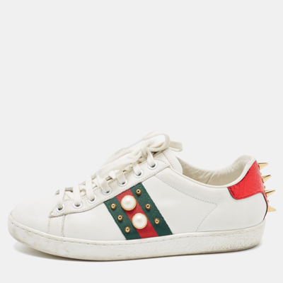 Pre-owned Gucci White Leather Studded And Spiked Ace Trainers Size 36
