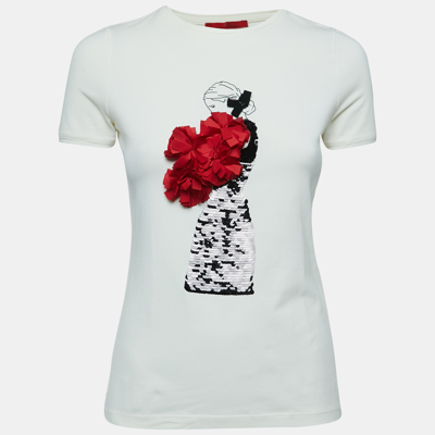 Pre-owned Ch Carolina Herrera Cream Cotton Sequin Detailed Short Sleeve T-shirt Xs