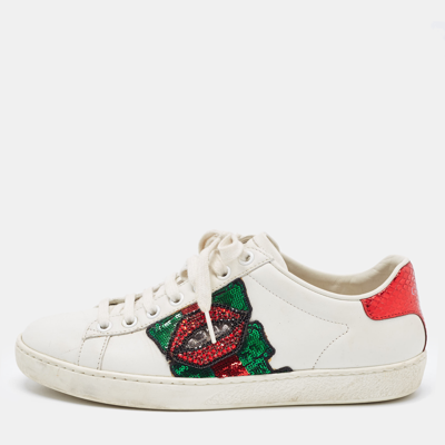 Pre-owned Gucci White Leather Embellished Lip Ace Sneakers Size 36