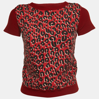 Pre-owned Louis Vuitton Red Leopard Print Silk & Wool Short Sleeve Top M
