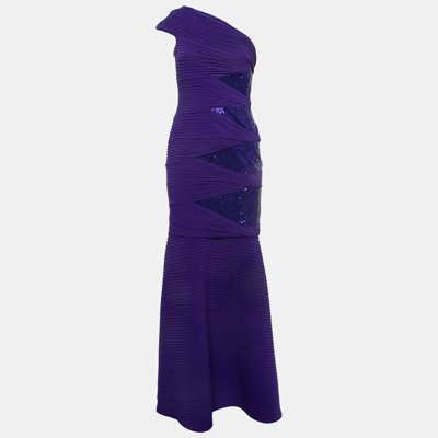 Pre-owned Tadashi Shoji Purple Embellished Knit One Shoulder Gown Xs