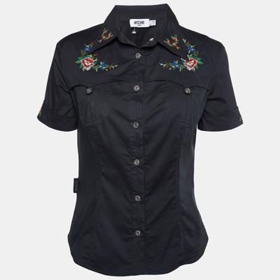 Pre-owned Moschino Jeans Black Cotton Embroidered Detail Button Front Shirt M