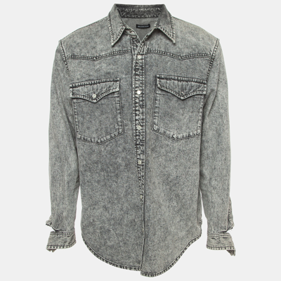 Pre-owned Balenciaga Grey Washed Denim Button Front Ripped Cuff Shirt L