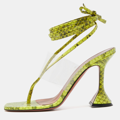 Pre-owned Amina Muaddi Two Tone Embossed Snakeskin And Pvc Zula Ankle Tie Sandals Size 37 In Green