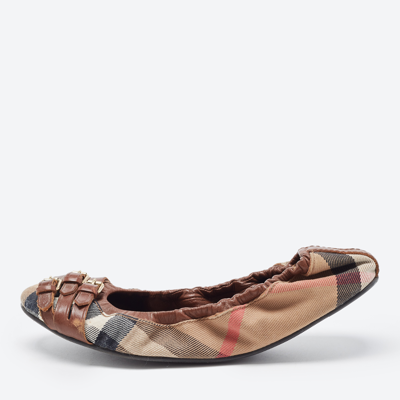 Pre-owned Burberry Tricolor Leather And House Check Canvas Buckle Detail Scrunch Ballet Flats Size 38 In Brown