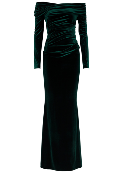 Talbot Runhof Off-the-shoulder Velvet Gown In Dark Green