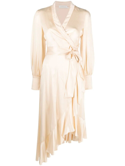 Zimmermann Ruffled Silk Wrap Midi Dress In Nude & Neutrals