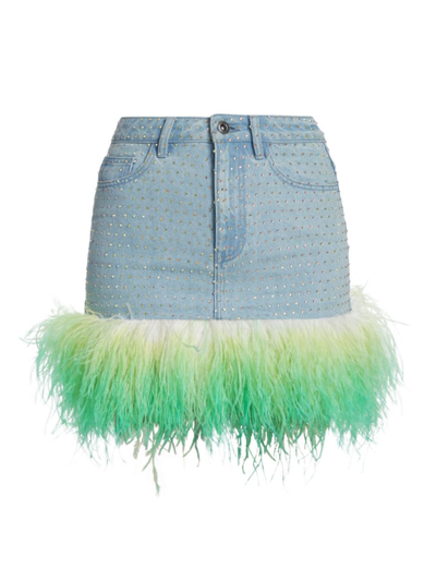 Self-portrait Women's Rhinestone & Feather Denim Miniskirt In Blue