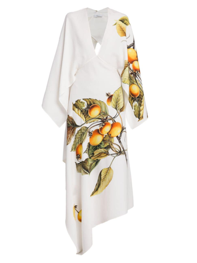 Ferragamo Long White Asymmetric Dress With Graphic Print In Viscose Blend Woman