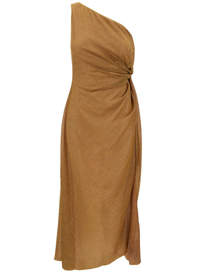 Oseree 'lumière' Midi Gold Dress With Knot Detail In Lurex Woman In Marrone