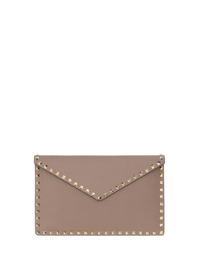 Valentino Garavani Rockstud Foldover Top Clutch Bag In Beige