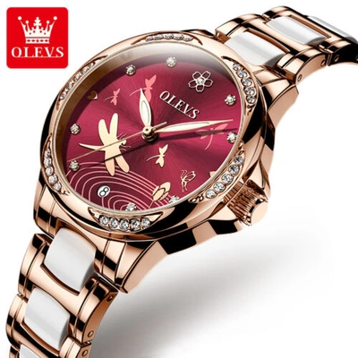 Pre-owned Olevs Ceramic Strap Automatic Mechanical Watch Calendar Women's Dragonfly Wrist Watch In Red Face