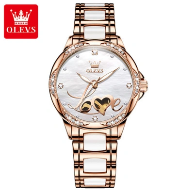 Pre-owned Olevs Ceramic Band Luminous Hands Automatic Mechanical Watch Women's Wrist Watch In Ceramic Band & Rose Gold Case