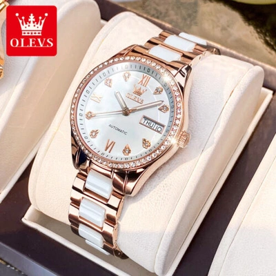 Pre-owned Olevs Luminous Hands Ceramic Band Automatic Mechanical Watch Women's Wrist Watch Gift In Ceramic Strap & White Face