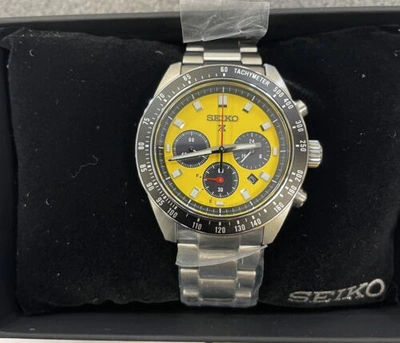 Pre-owned Seiko Prospex Speedtimer Solar Steel Bracelet Yellow Dial Watch - Ssc929