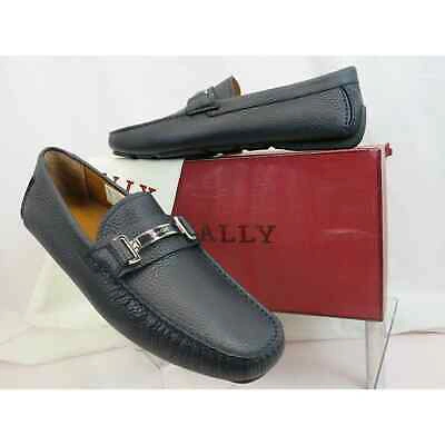 Pre-owned Bally Drulio Navy Grained Leather Metal Logo Driving Loafers Us 11.5 D Italy In Blue
