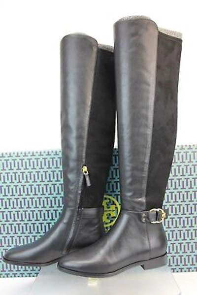 Pre-owned Tory Burch Marsden Black Leather Stretch Gold Reva Over The Knee Zip Boots 8.5 In Perfect Black