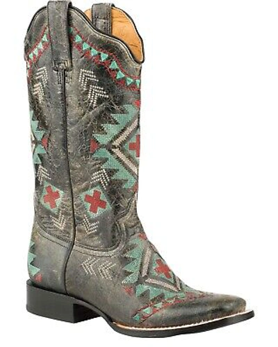 Pre-owned Roper Women's Southwestern Embroidered Western Boot - Square Toe Black 7 M