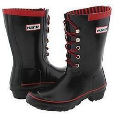 Pre-owned Hunter Rain Boot Festival Lace Up Black Red 6 7 38 Tie Short Mud Mid Calf