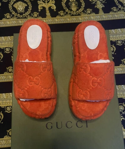 Pre-owned Gucci Angelina Gg Sponge Orange Monoriccio Platform Sandals Shoes 37