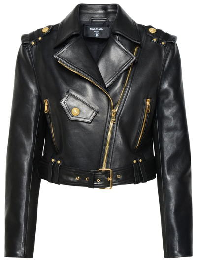 Balmain Zipped Leather Biker Jacket In Black