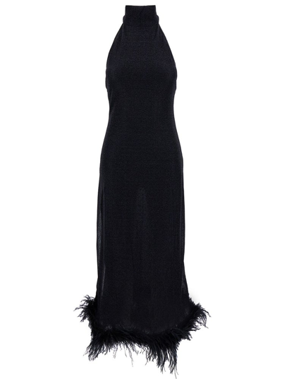 Oseree Halterneck Feather-trim Maxi Dress In Black