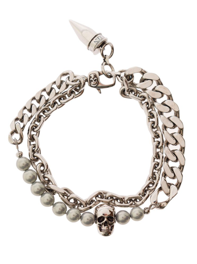 Alexander Mcqueen Kull Stud Embellished Bracelet In Silver