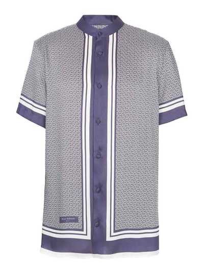 Balmain Dark Purple Monogram-print Short-sleeve Shirt In Blue