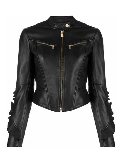 Pinko Cropped Leather Biker Jacket In Black