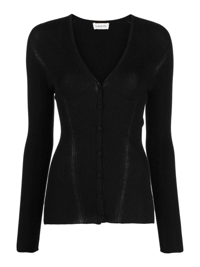 Lanvin V-neck Ribbed-knit Cardigan In Black