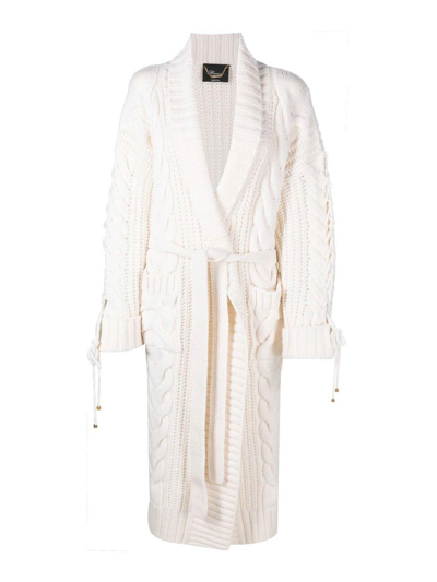 Blumarine Woman Long Coat In White Wool Knit With Stitch Mix In Multi-colored