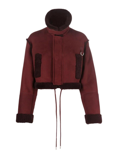 Off-white Cropped Faux Shearling-trimmed Suede Jacket In Burgundy