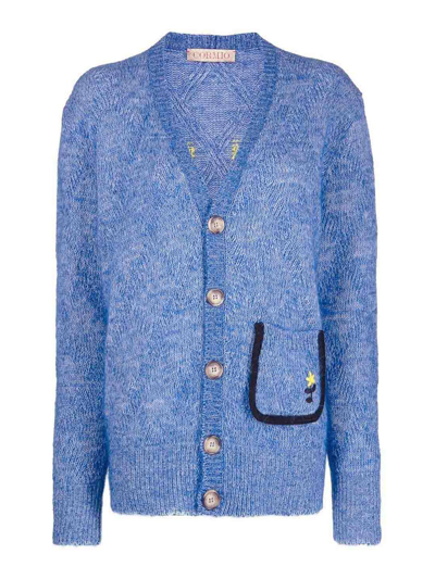Cormio 'renato' Floral Detailing Wool Blend Melange Knit Oversized Cardigan In Blue