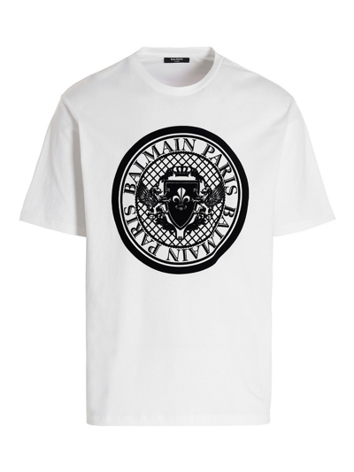 Balmain Crew Neck T-shirt With Front Flocked In White