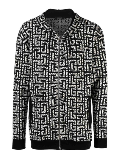 Balmain Monogram Intarsia-knit Zipped Hoodie In Black