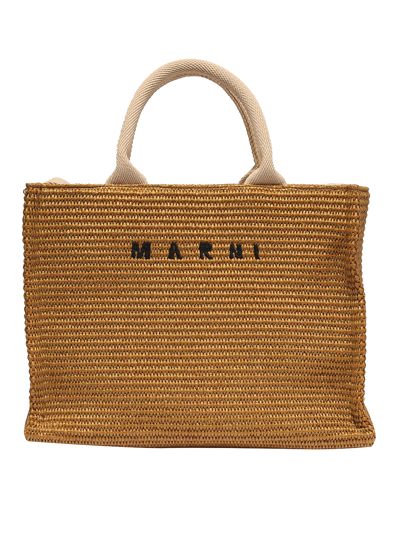 Marni Embroidered-logo Woven-raffia Tote Bag In Brown