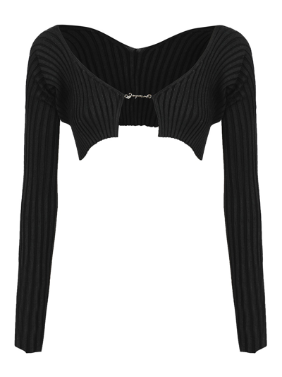 Jacquemus Ribbed Knit Top With Charm Logo In Black